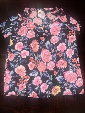 Floral Cold-Shoulder Top in Black and Pink